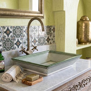 Handmade Mediterranean Rectangular Sink, Hand-Painted Ceramic Vessel Basin, Luxury Bath Art