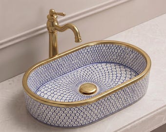 Custom Handcrafted Oval Ceramic Vessel Sink with Decorative Brass Edge
