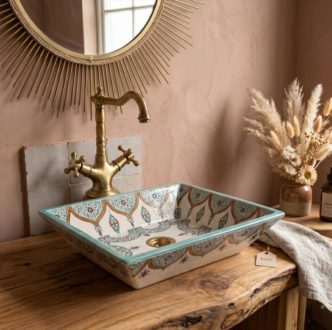 Rectangular Farmhouse Bathroom Sink, Rustic Moroccan Ceramic Basin ...