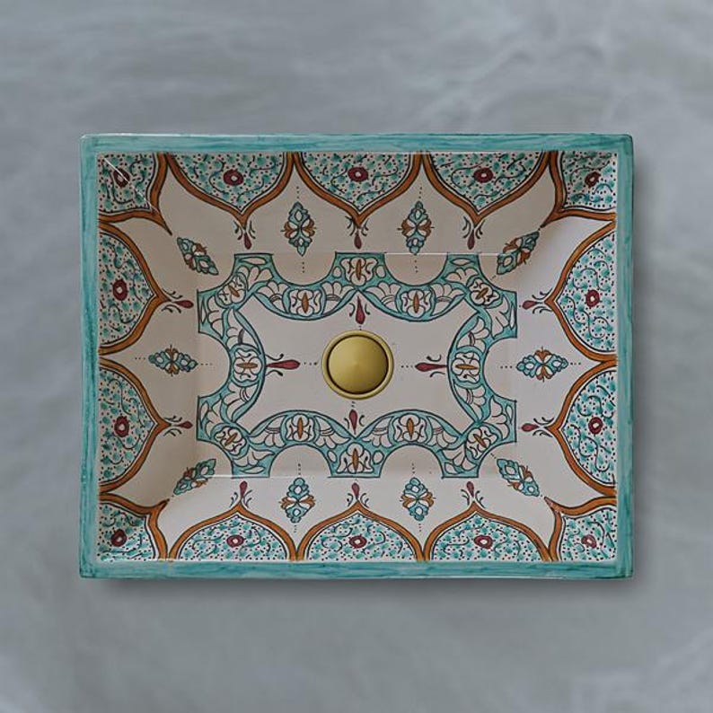 Image showcasing Rectangular Farmhouse Bathroom Sink, Rustic Moroccan Ceramic Basin ...