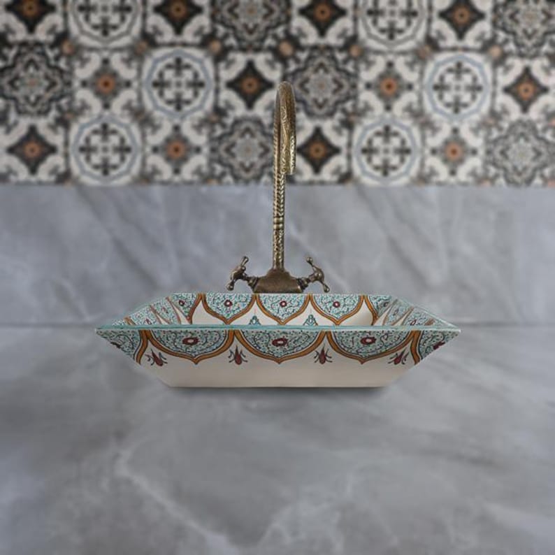 Image showcasing Rectangular Farmhouse Bathroom Sink, Rustic Moroccan Ceramic Basin ...