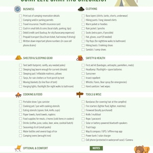 May include: A complete camping checklist with categories for business, clothing, shelter, safety, cooking, tools, and optional items. Includes a tent, sleeping bag, first aid kit, and other essentials for outdoor adventures. The text reads "Prepare like you invented camping."