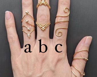 May include: A hand displays four gold-colored rings. Ring 'a' features three small clear stones. Ring 'b' has a V-shape with small beads and a clear stone. Ring 'c' is a spiral design. Ring 'd' has a layered design with small beads.