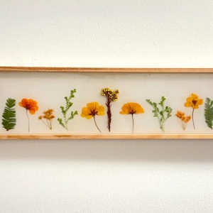 Pressed Flower Art, Long Resin Botanical Frame, 30x6 Inch Rectangle, Yellow Floral Home Piece