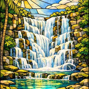 Puede incluir: Obra de arte en vidriera que representa una cascada. El sol amarillo brilla en un cielo azul sobre el agua. La cascada fluye sobre rocas en capas hacia una piscina, rodeada de follaje verde, creando un paisaje colorido.