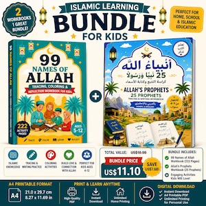 May include: An Islamic learning bundle for kids featuring two workbooks: 99 Names of Allah and Allah's Prophets. The set includes tracing, coloring, and writing activities, with A4 printable dimensions of 8.27 inches by 11.69 inches clearly displayed.