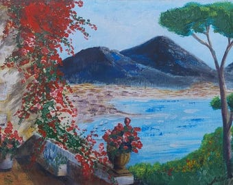 Mount Vesuvius Oil Painting Print, Naples Gulf Wall Art, Mediterranean Landscape Canvas, Italy Seascape Poster, Regalo Arte Napoletana