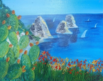 Capri Faraglioni Oil Painting Print, Mediterranean Landscape with Prickly Pear, Amalfi Coast Wall Art, Italian Sea View Poster,Coastal Decor