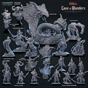 May include: A collection of grey miniature fantasy figurines from the Cave of Blunders set by Mammoth Factory. The set includes various characters such as the Subhanjinn, the Fez Beast, Princess Chamomile, and several palace guards and djinn figures.