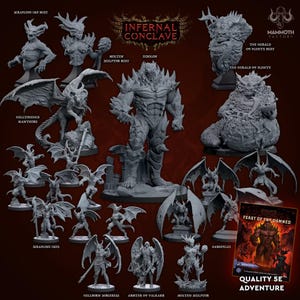 Peut inclure: Une collection de figurines de jeu de plateau en résine grise intitulée Infernal Conclave, comprenant divers démons, bustes et gargouilles. L'ensemble inclut une grande figurine centrale Eidolon, une Hellborn Sorceress et un livre d'aventure Feast of the Damned.