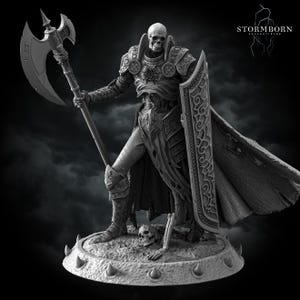 May include: A monochrome figurine of a skeletal warrior in ornate plate armor, holding a large double-bladed battle axe and a tall, intricately carved shield. The figure stands on a circular base with a skull and bone, featuring the text Stormborn.