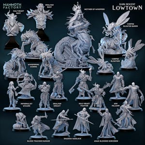 May include: A collection of gray miniature figurines from the "Dark Descent Lowtown" series. The figurines include busts, monsters, and characters such as the Half Beast Fighter, Shadow Warlock, and Corpse Bloaters. The Mammoth Factory logo is in the upper left.