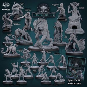 May include: A collection of grey miniature fantasy figures including the Blind Behemoth, Altar of Maleshai, and various busts and warriors labeled Land of the Blind. The set features detailed creatures and characters on circular bases with text.