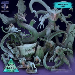 May include: A collection of light gray fantasy monster figurines including a large winged creature, a humanoid figure in a long coat, and several smaller reptilian beasts. Text on the image reads Mammoth Factory, February 2022, and Void Stalkers.