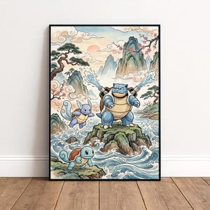 May include: A framed art print featuring a blue turtle-like creature with cannons on its back spraying water, accompanied by two smaller blue turtle creatures in a landscape with mountains, cherry blossoms, and flowing water.