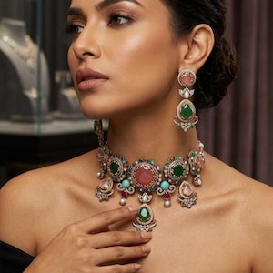 Pode incluir: Uma mulher usando um colar e brincos combinando com pedras preciosas coloridas. O colar apresenta grandes pedras rosa, verdes e turquesas, acentuadas com pedras preciosas e pérolas menores. A joia é usada em um top preto.