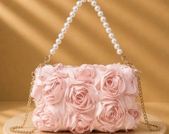 Bolsa de mão rosa com pérolas, bolsa floral para noiva, bolsa de mão para casamento, bolsa de noite vintage, presente para madrinhas, bolsa de mão elegante para ocasiões formais.