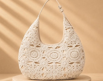 Bolsa Hobo de Crochê, Bolsa de Ombro Boho, Bolsa de Praia Feminina, Bolsa para Férias de Verão, Bolsa Artesanal Tecida, Bolsa para Resort