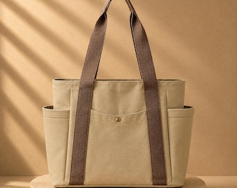 Bolsa de lona feminina, bolsa de ombro espaçosa, com vários bolsos, ideal para o dia a dia, trabalho, compras e viagens.