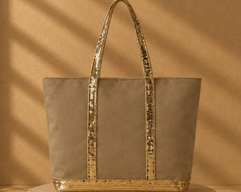 Bolsa tote bege com lantejoulas, bolsa de ombro grande em lona, bolsa para o dia a dia, bolsa de compras brilhante, bolsa casual para viagens, presente para mulheres.