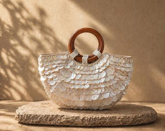 Shell Beaded Top Handle Bag, Pearl Evening Purse, Bridal Handbag