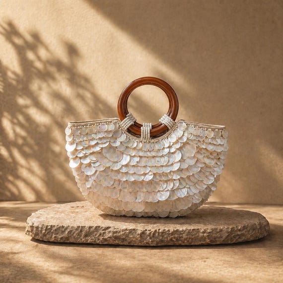 Shell Beaded Top Handle Bag, Pearl Evening Purse, Bridal Handbag