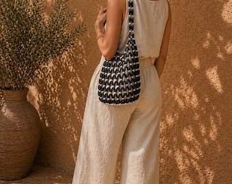 Bolso tote de cuentas de madera hecho a mano: bolso de hombro tipo cubo estilo boho
