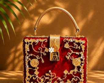 Bolsa de acrílico vermelho rubi, estilo vintage dourado, ideal para eventos noturnos, carteira elegante para convidadas de casamento, bolsa de luxo para festas.