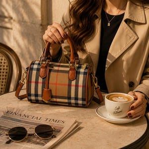 Puede incluir: Un bolso de mano beige y a cuadros con asas y ribetes de cuero marr&oacute;n. El bolso tiene una correa para el hombro y una peque&ntilde;a etiqueta de cuero. El bolso est&aacute; sobre una mesa con un peri&oacute;dico y gafas de sol. Una taza de caf&eacute; con arte latte tambi&eacute;n est&aacute; sobre la mesa.