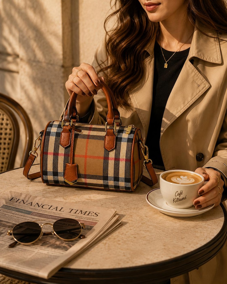 Puede incluir: Un bolso de mano beige y a cuadros con asas y ribetes de cuero marr&oacute;n. El bolso tiene una correa para el hombro y una peque&ntilde;a etiqueta de cuero. El bolso est&aacute; sobre una mesa con un peri&oacute;dico y gafas de sol. Una taza de caf&eacute; con arte latte tambi&eacute;n est&aacute; sobre la mesa.
