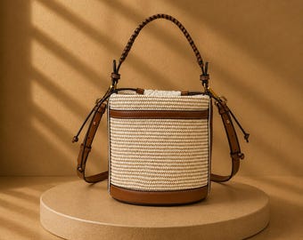 Bolsa de palha estilo balde para o verão, bolsa transversal trançada, bolsa de palha com cordão, bolsa de praia feminina, bolsa de ombro com painéis de design.