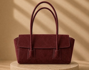 Burgundy Suede Shoulder Bag, Vintage Style Tote Purse, Minimalist Women Handbag