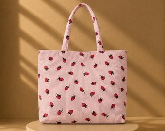 Bolsa de ombro rosa com estampa de morangos em veludo cotelê para mulheres.