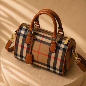 Puede incluir: Bolso con forma de barril a cuadros beige, negro y rojo, con asas y ribetes de cuero marr&oacute;n. El bolso tiene una cremallera dorada y una correa para el hombro desmontable. El bolso est&aacute; sobre una superficie clara.
