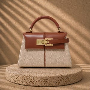 May include: A small, structured handbag with a brown leather top and handle, and a beige canvas body. The bag features a gold-colored clasp and hardware. It is displayed on a round, textured platform.