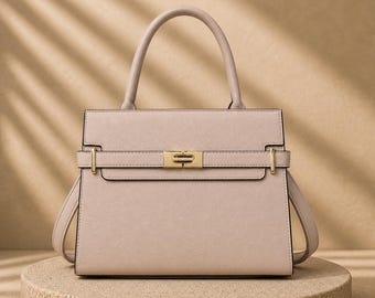 Beige Leather Top Handle Bag Minimal Luxury Crossbody Handbag Elegant Everyday Purse