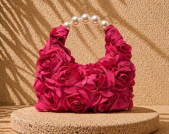 Rose Flower Pearl Handbag, Pink Party Purse Wedding Clutch