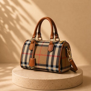 Puede incluir: Un bolso en forma de barril de color beige y a cuadros con asas y ribetes de cuero marr&oacute;n. El bolso tiene una cremallera y herrajes dorados, y una correa de hombro desmontable. El estampado de cuadros incluye l&iacute;neas rojas, negras y azul marino.