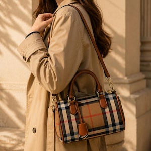 Puede incluir: Un bolso de mano beige con un patr&oacute;n de cuadros cl&aacute;sico en negro, rojo y blanco. Tiene detalles de cuero marr&oacute;n, un asa superior y una correa para el hombro. La persona lleva una gabardina beige.