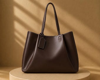 Bolsa tote feminina em couro marrom, bolsa de ombro grande e minimalista, bolsa com estética clássica, ideal para o dia a dia no trabalho, presente perfeito para ela.