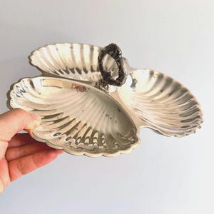 Vintage Silverplate Shell Serving Dish, Three Section Scalloped Tray with Ornate Handle, 10 x 11 Inches