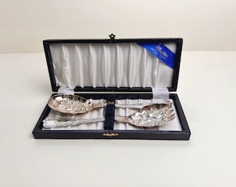 William Adams Sheffield Gold Wash Serving Spoons, Boxed Silverplate Pair