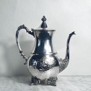 Sheridan Hand Chased Silverplate Coffee Pot Rococo Footed Floral Chased Body Vintage American Silverplate Tea Service Collectible Silver
