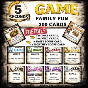 May include: A family fun board game with the text "5 Seconds Game" and "Family Fun 300 Cards". The game includes cards with various challenges and bonus cards. The game cards have prompts like "Things that are hot".