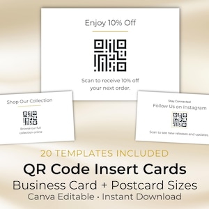 May include: White QR code insert cards with text: "Enjoy 10% Off", "Shop Our Collection", and "Follow Us on Instagram". The cards are business card and postcard sizes. The text "20 TEMPLATES INCLUDED" and "QR Code Insert Cards" are also visible.