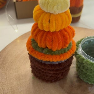 May include: A decorative craft item made of fuzzy pipe cleaners shaped like a stack of three pumpkins in cream, orange, and dark orange, sitting atop a brown base. The pumpkins feature a green stem and a green ring at the base of the stack.