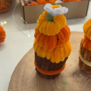 May include: A tiered decorative craft made of orange and brown pipe cleaners, shaped like a stack of pumpkins topped with a small white and yellow flower. The structure features a dark brown base with an orange ring and three orange pumpkin layers.