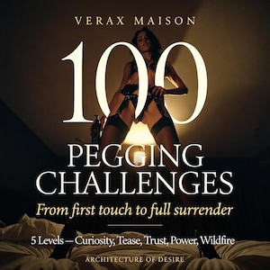 Puede incluir: Portada de libro con el título "100 Pegging Challenges" y el texto "From first touch to full surrender." La imagen presenta a una persona en lencería. El título del libro está en letras blancas grandes.