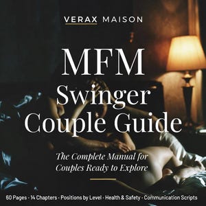 May include: A book cover with the title "MFM Swinger Couple Guide" in large white letters. The cover also includes the text "The Complete Manual for Couples Ready to Explore." The background features a dimly lit scene with two people.