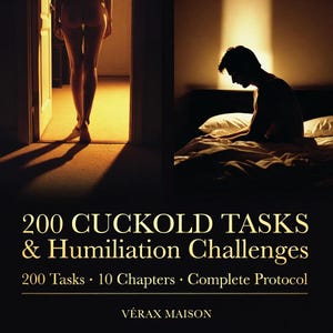 May include: A book cover with a dark background. The title reads "200 CUCKOLD TASKS & Humiliation Challenges". The image includes a person walking through a doorway and a person sitting on a bed. The text also includes "200 Tasks • 10 Chapters • Complete Protocol".